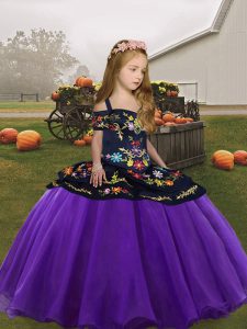 Luxurious Straps Sleeveless Pageant Dress Floor Length Embroidery Eggplant Purple Organza