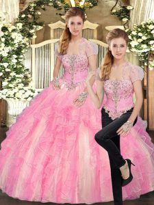 Traditional Strapless Sleeveless 15th Birthday Dress Floor Length Beading and Ruffles Baby Pink Tulle