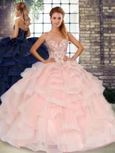 Free and Easy Baby Pink Quinceanera Gowns Military Ball and Sweet 16 and Quinceanera with Beading and Ruffles Sweetheart Sleeveless Lace Up
