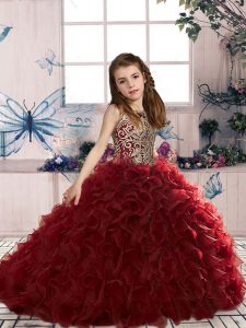 Wine Red Sleeveless Floor Length Beading and Ruffles Lace Up Girls Pageant Dresses