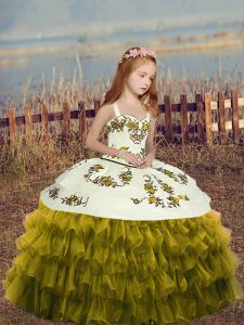 Charming Organza Straps Sleeveless Lace Up Embroidery and Ruffles Little Girls Pageant Dress Wholesale in Olive Green