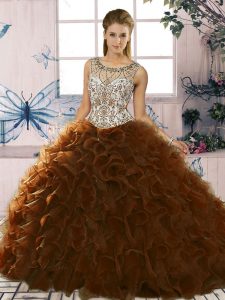 Sophisticated Brown Vestidos de Quinceanera Military Ball and Sweet 16 and Quinceanera with Beading and Ruffles Scoop Sleeveless Lace Up