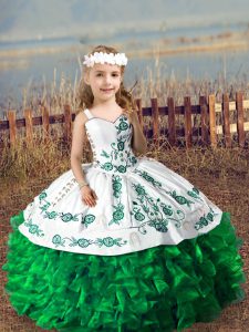 Enchanting Green Sleeveless Floor Length Embroidery and Ruffles Lace Up Kids Formal Wear