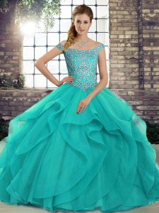 Off The Shoulder Sleeveless Brush Train Lace Up Sweet 16 Quinceanera Dress Aqua Blue Tulle