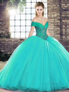 Glamorous Turquoise Sleeveless Organza Brush Train Lace Up Sweet 16 Dresses for Military Ball and Sweet 16 and Quinceanera