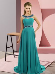 Sleeveless Beading Zipper Prom Evening Gown with Teal Brush Train