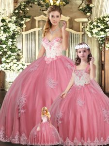 Great Watermelon Red Lace Up Quinceanera Gown Sleeveless Floor Length Beading and Appliques