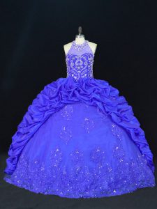 Most Popular Royal Blue Ball Gowns Halter Top Sleeveless Taffeta Floor Length Lace Up Beading and Appliques and Embroidery and Pick Ups Ball Gown Prom Dress