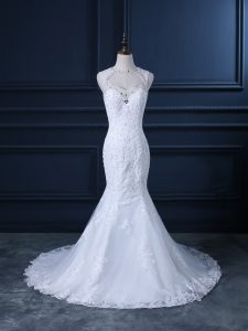 Hot Selling Sleeveless Brush Train Beading and Lace Backless Bridal Gown