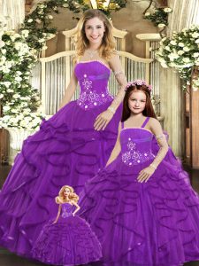 High Quality Purple Sleeveless Beading and Ruffles Floor Length Sweet 16 Dress