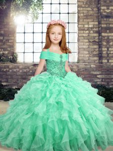 Sleeveless Floor Length Beading and Ruffles Lace Up Girls Pageant Dresses with Apple Green