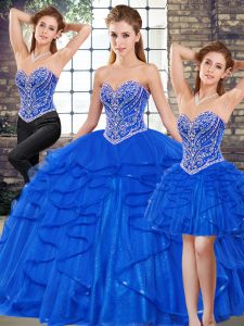Modest Floor Length Three Pieces Sleeveless Royal Blue Quinceanera Dress Lace Up