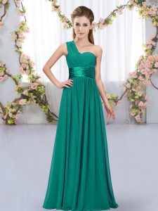 Dynamic Floor Length Lace Up Quinceanera Dama Dress Peacock Green for Wedding Party with Belt