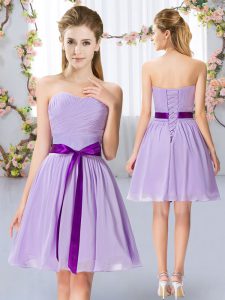 Modern Lavender Empire Sweetheart Sleeveless Chiffon Mini Length Lace Up Belt Quinceanera Court Dresses