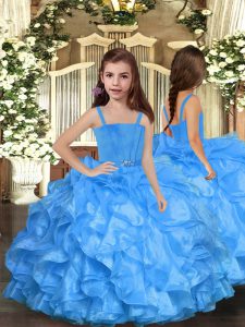 Floor Length Lace Up Little Girls Pageant Dress Wholesale Blue for Party and Sweet 16 and Wedding Party with Ruffles