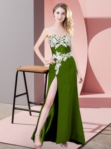 Glittering Sleeveless Floor Length Lace and Appliques Zipper Homecoming Dress with Olive Green