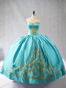 New Arrival Sweetheart Sleeveless Quinceanera Gowns Floor Length Embroidery Aqua Blue Satin