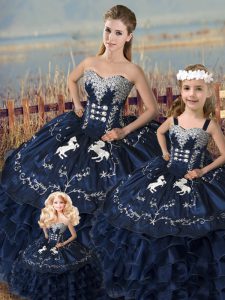 Glorious Sleeveless Floor Length Embroidery and Ruffles Lace Up Ball Gown Prom Dress with Navy Blue