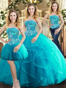 Wonderful Aqua Blue Ball Gowns Tulle Strapless Sleeveless Beading and Ruffles Floor Length Lace Up Sweet 16 Dresses