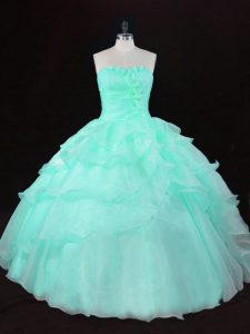 Apple Green Lace Up Ball Gown Prom Dress Ruffles and Hand Made Flower Sleeveless Floor Length