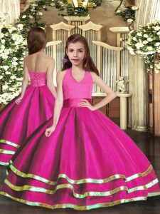 Cheap Fuchsia Sleeveless Floor Length Ruffled Layers Lace Up Pageant Gowns For Girls