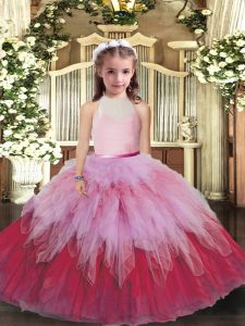 High-neck Sleeveless Tulle Pageant Gowns For Girls Ruffles Backless