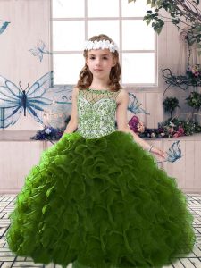 Most Popular Olive Green Ball Gowns Organza Scoop Sleeveless Beading and Ruffles Floor Length Lace Up Girls Pageant Dresses