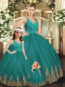 Sleeveless Floor Length Embroidery Backless Sweet 16 Quinceanera Dress with Turquoise