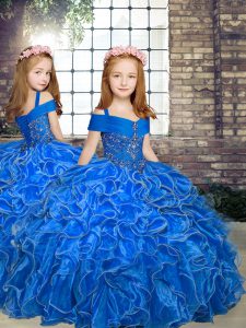 Custom Designed Floor Length Ball Gowns Sleeveless Blue Little Girls Pageant Gowns Lace Up
