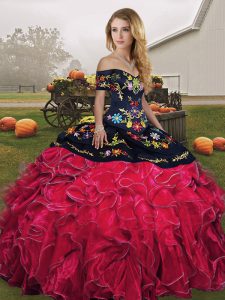 Romantic Sleeveless Floor Length Embroidery and Ruffles Lace Up Quinceanera Gowns with Red And Black