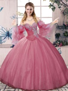 Pink Sweetheart Lace Up Beading and Ruching 15 Quinceanera Dress Sleeveless