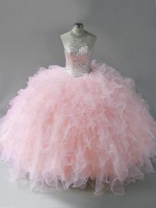 Halter Top Sleeveless Tulle Ball Gown Prom Dress Beading and Ruffles Lace Up