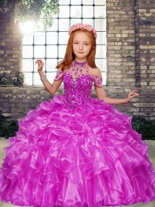 Hot Sale Organza High-neck Sleeveless Lace Up Beading and Ruffles Little Girls Pageant Dress Wholesale in Lilac