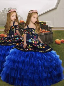 Excellent Royal Blue Ball Gowns Straps Sleeveless Organza Floor Length Lace Up Embroidery Little Girls Pageant Dress Wholesale