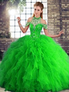 Green Halter Top Neckline Beading and Ruffles Ball Gown Prom Dress Sleeveless Lace Up