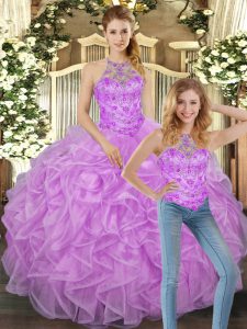 Latest Floor Length Lilac Quinceanera Dress Halter Top Sleeveless Lace Up