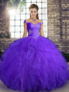 Chic Tulle Off The Shoulder Sleeveless Lace Up Beading and Ruffles Quinceanera Gown in Purple