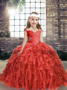 Beading and Ruffles Kids Pageant Dress Red Lace Up Sleeveless Floor Length