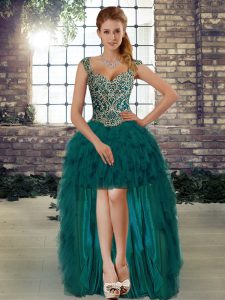 Superior Dark Green Organza Lace Up Straps Sleeveless High Low Prom Dresses Beading and Ruffles