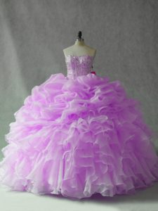 Lilac Organza Lace Up Sweet 16 Quinceanera Dress Sleeveless Brush Train Beading and Ruffles and Pick Ups