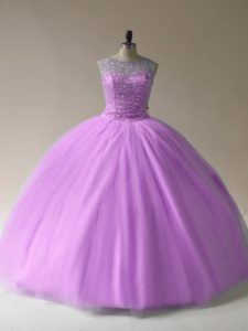 Sexy Floor Length Lilac Quince Ball Gowns Organza Sleeveless Beading