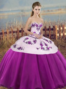 White And Purple Ball Gowns Sweetheart Sleeveless Tulle Floor Length Lace Up Embroidery and Bowknot Quinceanera Dresses