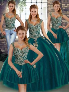 Clearance Floor Length Peacock Green Quince Ball Gowns Straps Sleeveless Lace Up