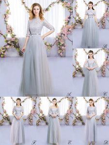 Unique Grey Half Sleeves Lace and Belt Floor Length Wedding Guest Dresses