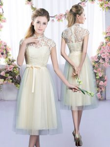 Inexpensive Tea Length Empire Cap Sleeves Champagne Court Dresses for Sweet 16 Zipper