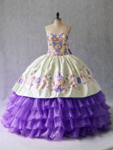 Glorious Lavender Organza Lace Up Sweetheart Sleeveless Floor Length Ball Gown Prom Dress Embroidery and Ruffled Layers