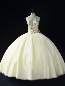 New Style Light Yellow Lace Up Quinceanera Gown Beading Sleeveless Floor Length