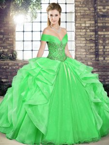 Green Sleeveless Floor Length Beading and Ruffles Lace Up Quinceanera Gown