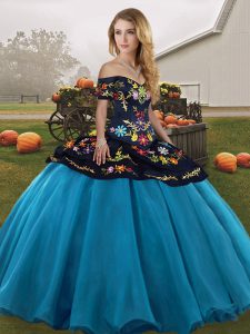 Blue And Black Sleeveless Floor Length Embroidery Lace Up 15 Quinceanera Dress