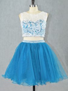 Wonderful Sleeveless Organza Mini Length Zipper Prom Gown in Blue with Lace